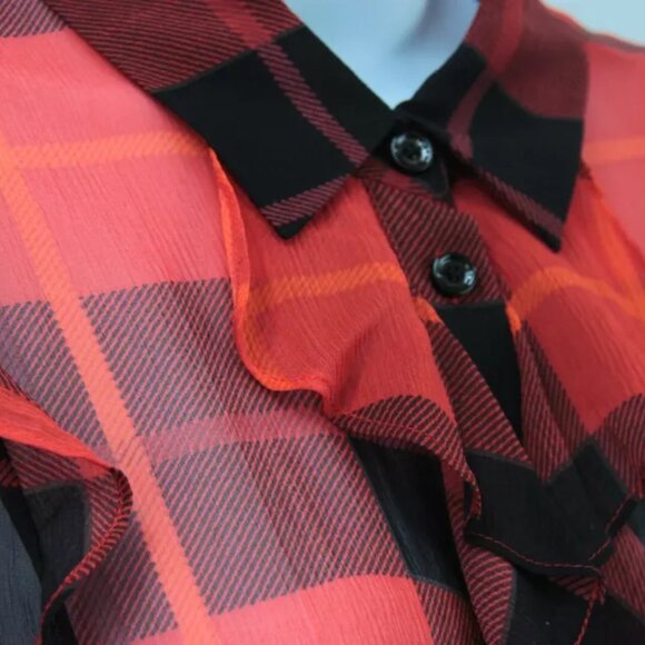 Kate Spade plaid ruffled semi-sheer blouse red black plaid size 4 - Picture 8 of 10